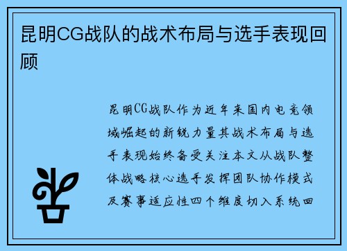 昆明CG战队的战术布局与选手表现回顾