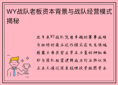 WY战队老板资本背景与战队经营模式揭秘